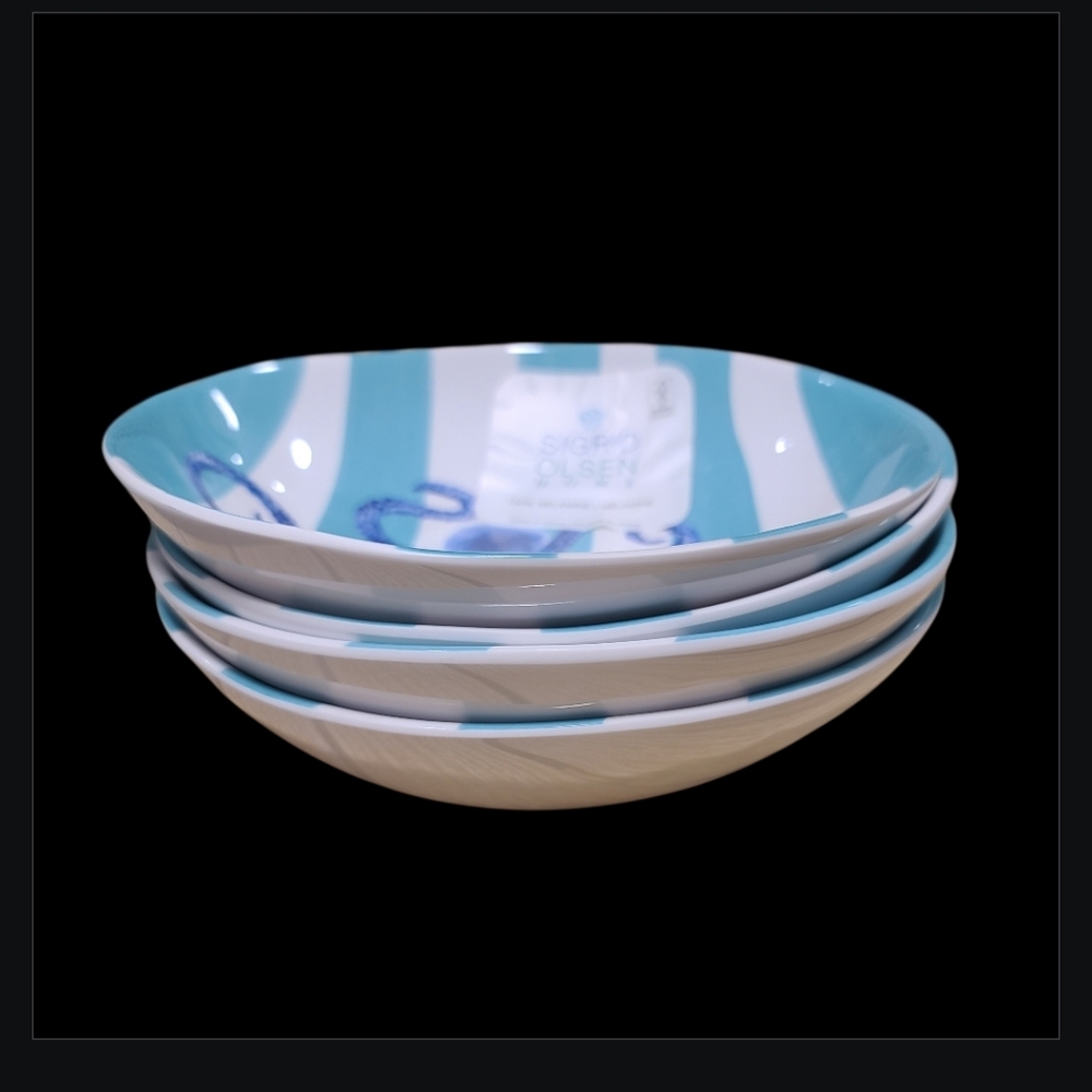 8pc Sigrid Olsen Blue Octopus Cabana Stripe Melamine Dinner Plate & Bowl Set New - Picture 7 of 10
